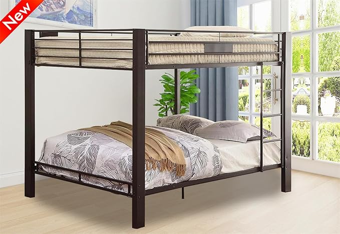 Higher Quality & Stronger Metal Queen Over Queen Bunk Bed, Thickened Heavy Duty More Stable Safer Black Steel Bunkbed Bunk Queen Bed (Easier to Assemble) (Queen Over Queen-1)