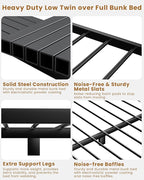 Twin Over Full Bunk Bed for Adults & Kids, Heavy Duty Bunk Beds with EVA Padded Ladder and Full-Length Guardrails, Noise-Free Metal Bed Frame, Space-Saving Design, Black