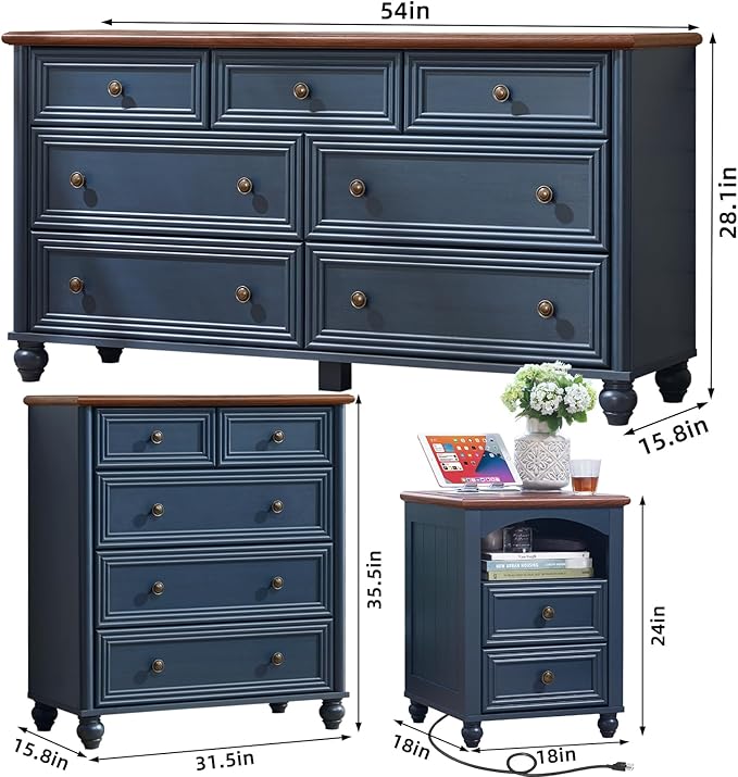 Farmhouse Dressers & Night Stand Set of 4, Wood 54" Wide Dresser & 35" Tall Chest of Drawers, 18" with Charging Station Nightstand Set of 2, Bedroom Furniture Dresser Set for Home Living Room Hallway