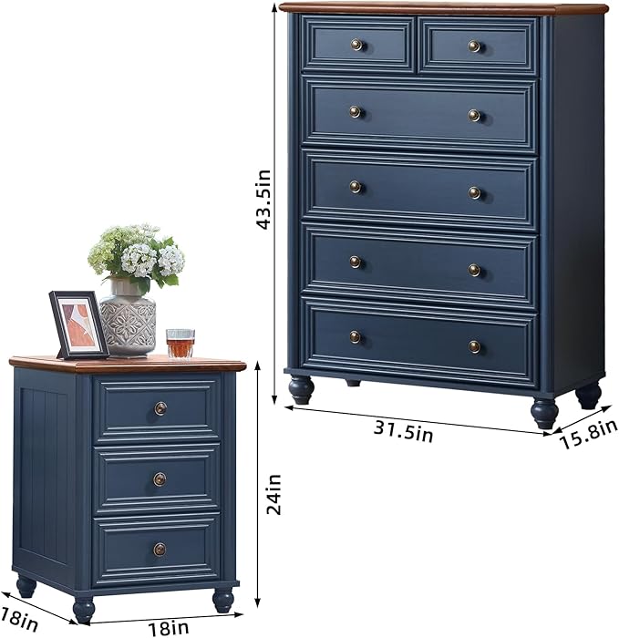 Farmhouse Dressers and Night Stand Set of 3, Wood 43.5'' Tall Dresser and 18'' Wide Chest of Drawers, Roman Column Nightstand Set of 2, Bedroom Furniture Dresser Suites for Living Room, Hallway, Home