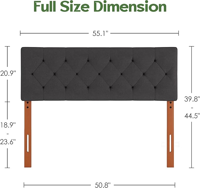 Upholstered Full Headboard, Full Size Headboard Only for Bed Frame from 42”-55”, Adjustable Height Full headboard with Durable Wood Legs, Fabric Bed Headboard in Modern Button Design, Dark Grey
