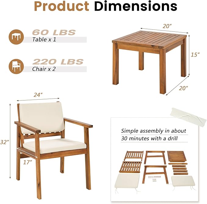 Flamaker Patio Chairs 3 Piece Acacia Wood Patio Furniture with Coffee Table & Cushions Outdoor Conversation Set Balcony Chairs for Porch, Deck, Backyard
