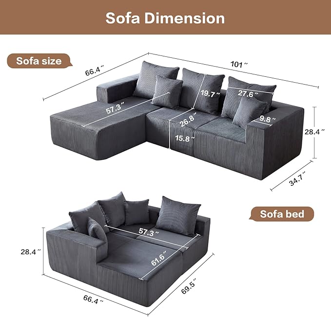 101" Sectional Couches for Living Room,Boneless Cloud Couch,L-Shaped Sofa with Oversized Deep Seat,Comfy Couch for Bedroom,Compressed Sofa in a Box,No Assembly Required,Grey