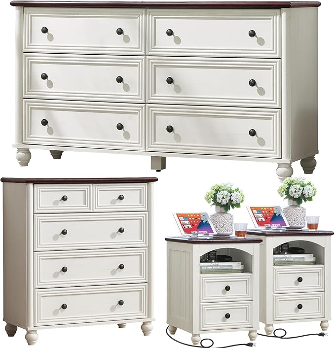 Farmhouse Dressers & Night Stand Set of 4, Wood 54" Wide Dresser & 35" Tall Chest of Drawers, 18" with Charging Station Nightstand Set of 2, Bedroom Furniture Dresser Set for Home Living Room Hallway