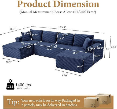 134''Oversized Modular Sectional Sofa Boneless Cloud Couch with Chaise Comfy Sectional Couches for Living Room,Bedroom,Apartment (Blue, 134''W U-Shaped)