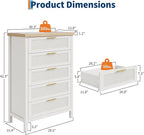 GarveeHome Fluted 5 Drawer Tall Dresser for Bedroom, 42.9 in Chest of Drawers, Wooden Dresser Chest with Clothes Storage Cabinet, Drawer Organizer, TV Stand for Bedroom, Living Room, Hallway, White
