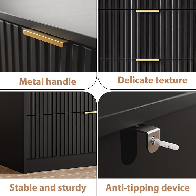 3-Piece Dresser Bedroom Set, 8 Drawer Dresser & 3 Drawer Nightstands with Gold Handles, Fluted Wood Chest of Drawers for Bedroom, Living Room, Entryway, Black