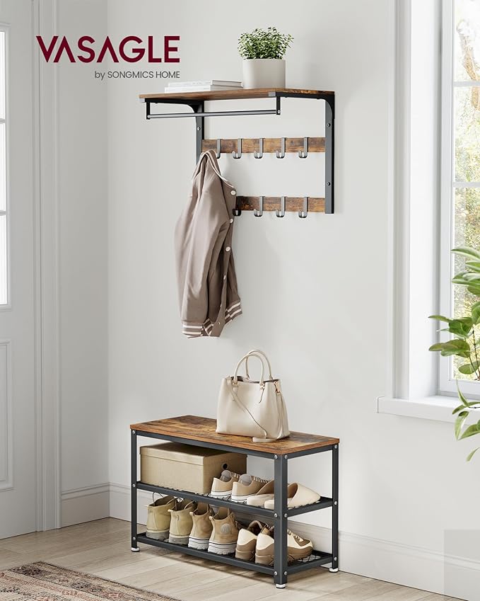 VASAGLE 3-Tier Shoe Rack, Shelf Storage Bench with Metal Mesh Shelves and Seat, Free Standing Shoe Organizer for Entryway, 11.8 x 28.7 x 17.7 Inches, Rustic Brown and Black ULBS73X