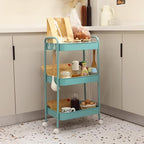 3 Tier Organizer Cart on Wheels, Metal Rolling Storage Cart with Wheels, Mobile Shelving Multifunction Storage Trolley with 4 Hooks fo Laundry Room Bathroom Kitchen Office, Green