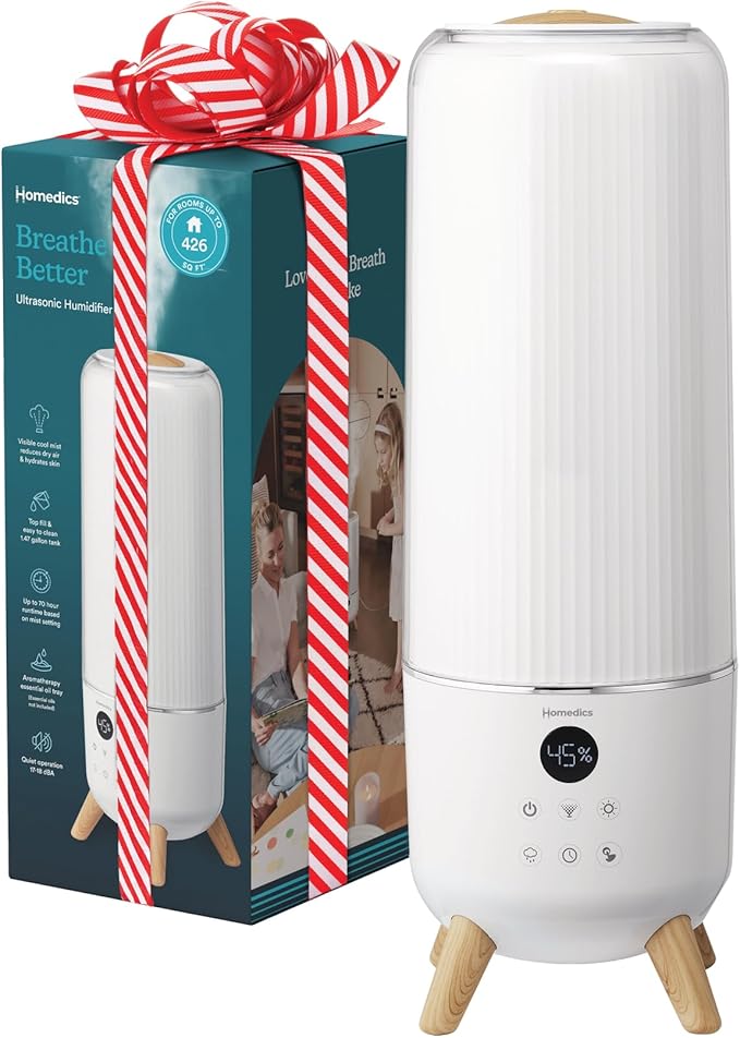 Homedics Ultrasonic Humidifier - Large Deluxe Air Humidifiers for Bedroom, Plants, Office - Top-Fill 1.47-Gallon Tank, Cool Mist, Essential Oil Pads and Built-In Timer, 3 Speed Settings, White