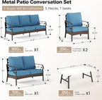5 Piece Metal Outdoor Patio Furniture Set, Patio Conversation Sets with 3-Seater Sofa, Loveseat, 2 Fixed Sofa (5.75" Thick Cushion) & Coffee Table Black Backyard Furniture, Denim Blue