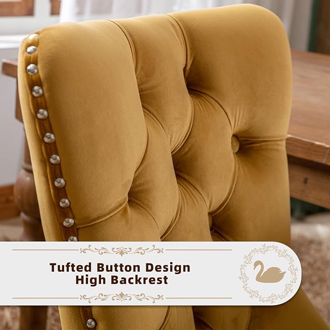 Velvet Upholstered Dining Chairs Set of 4, Modern Style Kitchen Side Chairs with Nailhead Trim and Wood Legs,Metal Pulling Ring for Dining Room Living Room(Gold)