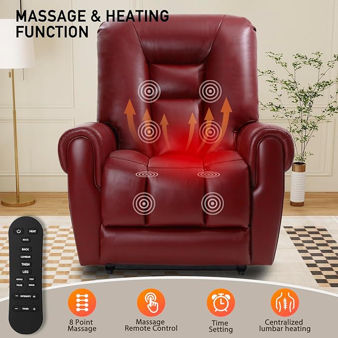 EONIX Four Motor Lay Flat Power Lift Recliner Chair for Elderly, 400lbs Electirc Lift Chair for Living Room, Independent Adjustable Lumbar Support & Headrest, Extended Footrest, Burgundy