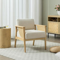 Mid Century Modern Accent Chair, Rattan Armchair with Wood Legs Living Room Chair Linen Upholstered Lounge Chair for Bedroom Reading Room, Beige