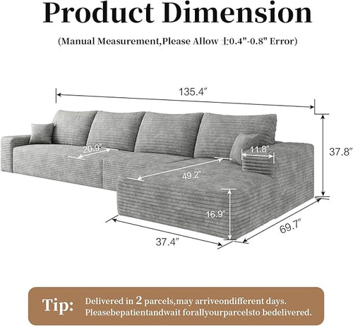 135.4" Large Cloud Modular Sectional Sofa with L-Shape Chaise, Deep Seat Upholstered Couches for Living Room, No Assembly Required, Corduroy Pet-Friendly Fabric (Grey, Right Facing Chaise)