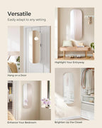 SONGMICS Jewelry Organizer, LED Jewelry Cabinet Wall/Door Mounted, Lockable Rounded Wide Mirror with Storage, Christmas Gift 3.9 x 16.5 x 42.5 Inches, White Surface with Greige Lining