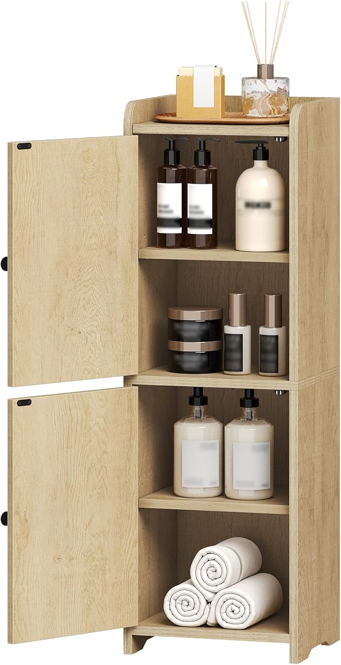 Bathroom Storage Cabinet, Corner Floor Cabinet with 2 Doors and Adjustable Shelf, Narrow Toilet Paper Cabinets, Bathroom Organizer for Small Spaces, 7.9" D x 9.8" W x 29.5" H Yellow