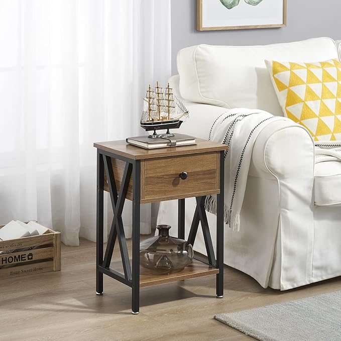 VECELO End Tables, Modern Nightstand with Drawer & Shelf, Night Stand for Bedroom Living Room,Industrial Metal Frame