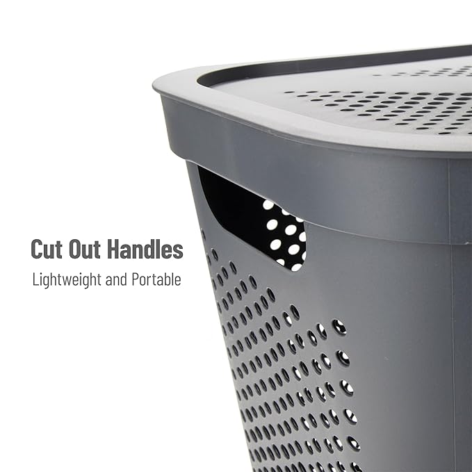 Mind Reader 60L Slim Laundry Hamper, Clothes Basket, Lid, Ventilated, Plastic, Set of 2, Gray