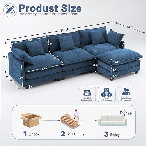 111.4" L-Shaped Cloud Chenille Sectional with Reversible Chaise, Flexible 3+1 Layout for Large Spaces, Deep Seat and Free Pillows Included