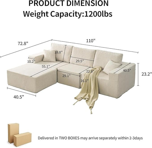 110" Boneless Cloud Sectional Couch for Living Room, Compressed Modular L-Shaped Sofa with Deep Seat, Frameless Corduroy Couch in Boxes, No Assembly Required 3-Seater (Right-Facing Chaise, Beige)