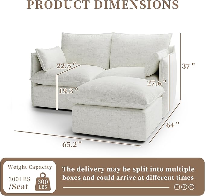 Waterproof Cloud Sectional Couches,High Backrest Down Filled Sofa for Living Room,Modular Sofas 2 Seater with Ottoman,Detachable Couch Covers,Cream White