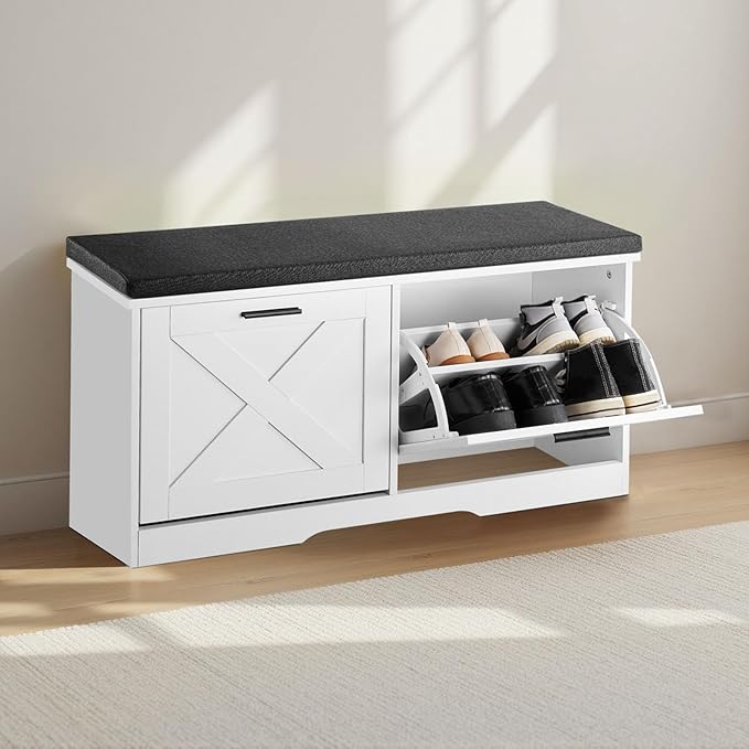 VEVOR Shoe Storage Bench with 2 Flip Drawers & Padded Cushion, Entryway Bench with Adjustable Shelves, Holds up to 440 lbs, 39.4 x 12.0 x 18.7 Inches, for Entryway, Hallway, Living Room, Bedroom