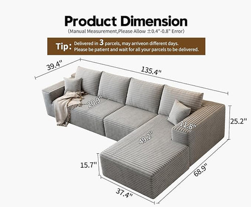 135.4" Cloud Modular Sectional Sofa Couch with L-Shape Chaise,Modern Minimalist Upholstered Couches for Living Room Bedroom,Deep Seat Corner Couch，No Assembly Required (Grey,Right Facing Chaise)
