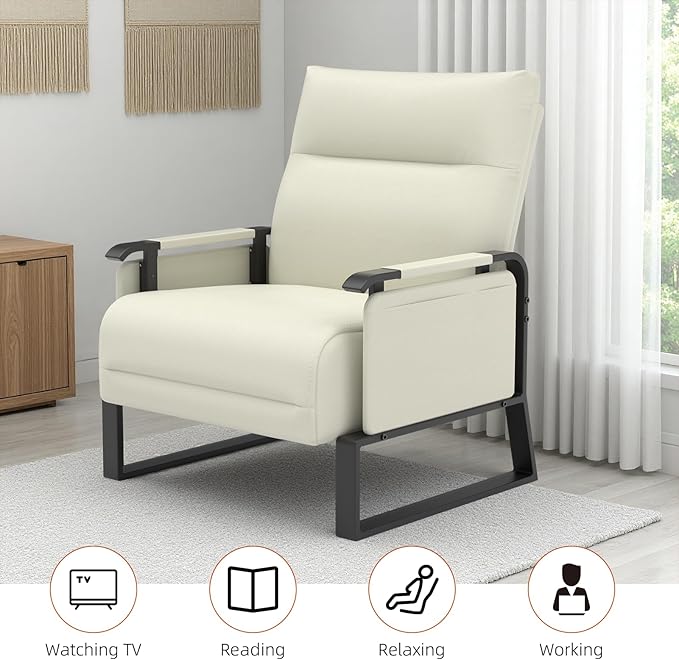 Upholstered Accent Chairs Set of 2, Modern Faux Leather Sofa Chairs with Foldable Side Tray Table & Storage Pocket, Small Accent Sofas for Living Room, Bedroom, Beige