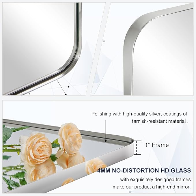 ANDY STAR Chrome Mirror for Bathroom, 22"x30"Metal Frame Wall Mirror, Rectangular Stainless Steel Rounded Corner Mirror with 1" Deep Set Design Hangs Horizontal Or Vertical