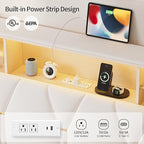 Twin Bed Frames with Storage Headboard, Power Outlet, Velvet Upholstered Platform Bed for Kids, LED Bed Frame Twin with 5 Storage Shelves, No Box Spring Needed, Creamy White
