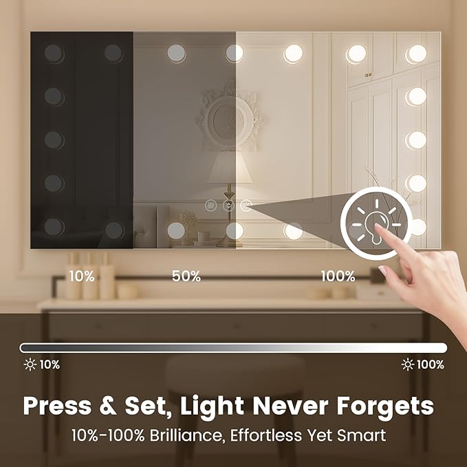 WTTY LED Bathroom Mirror with Lights 55"x36" Hollywood Wall-Mounted Mirror with 3 Color Temperatures, Stepless Dimmable Bulbs, Anti-Fog & Shatter-Proof