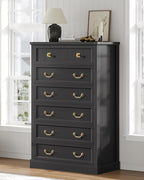 AOGLLATI Farmhouse Dresser with 6 Drawers, 51.2”Tall Wooden Chest of Drawers with Natural Texture, Vintage Design, Black Dresser for Bedroom, Black