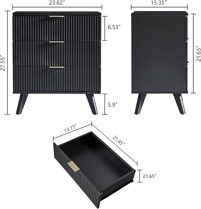 Fluted 3 Drawer Dressers, Modern Closet Dressers Chest of Drawers, Wood Storage Dresser Chest of Drawers Organizer for Bedroom Living Room Hallway Closet,Black, 2 Sets