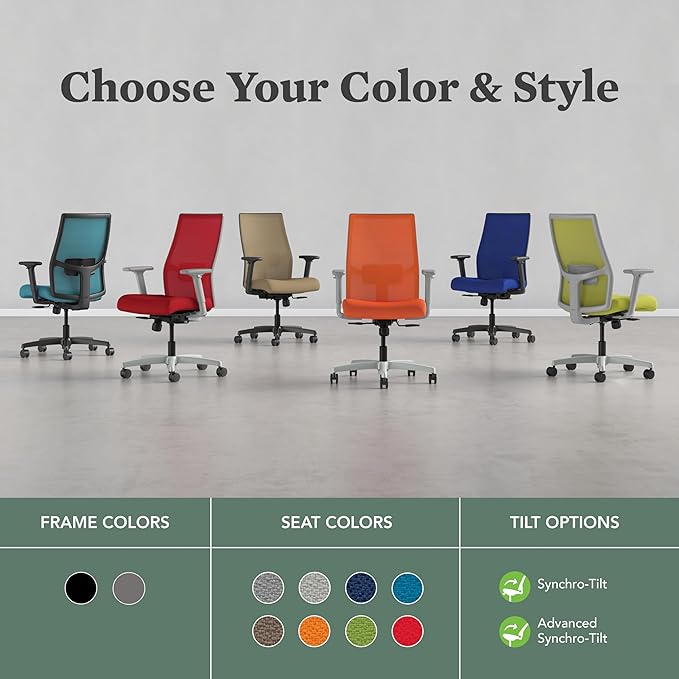 HON Ignition 2.0 Mid Back Task Chair, Spectrum Mesh, Standard Synchro-Tilt Control, Office Chair with Lumbar Support, Height and Width Adjustable Arms, Black Frame, Blueberry