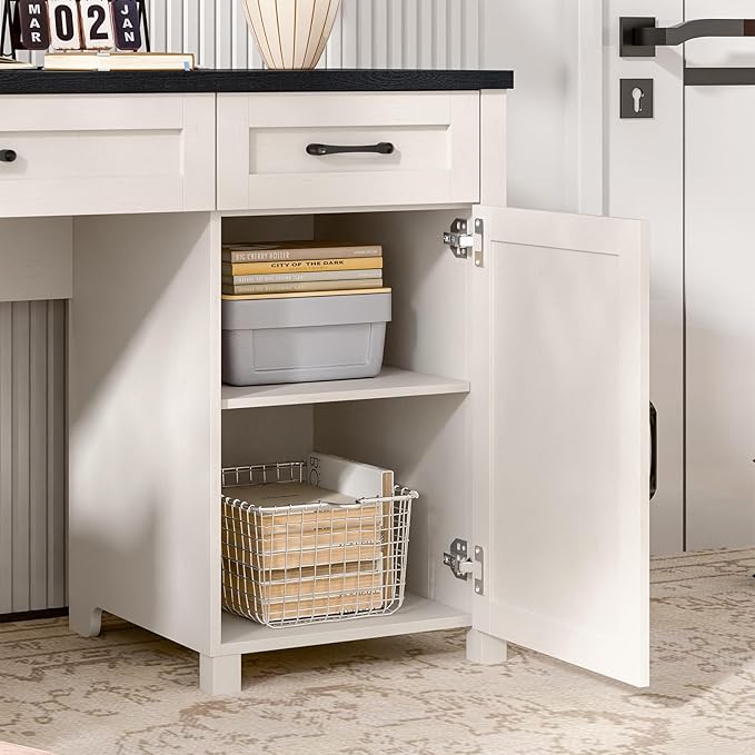 Vabches Farmhouse 61'' Executive Desk with 5 Drawers, Rustic Office Desk Computer Table with Charging Station, File Drawers and Storage Cabinet, Wood Workstation for Study and Home Office, Black