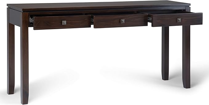 SIMPLIHOME Cosmopolitan Console Table - 60 Inch Wide Solid Wood Sofa Table in Mahogany Brown, Contemporary Storage Table for Entryway or Living Room with 3 Drawers, Square-Edged Top, and Tapered Legs
