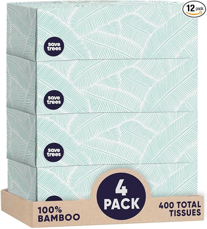Save Trees Bamboo Facial Tissues - 12 Boxes of Eco-Friendly, 3-Ply Hypoallergenic Tissues, 90 Sheets per Box, FSC Certified, Plastic-Free Packaging, Soft & Gentle for Home Use
