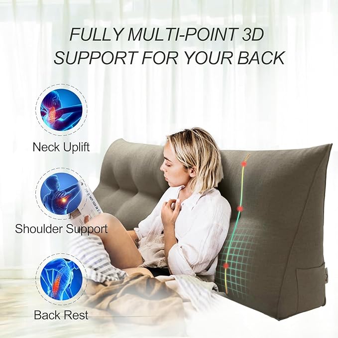 WOWMAX 85% Linen 15% Cotton Blend Headboard Pillow – King Size Reading Wedge Backrest for Bed, Handmade Firm Support Bolster Cushion with Removable Cover, Premium Bed Rest Pillow, Light Gray