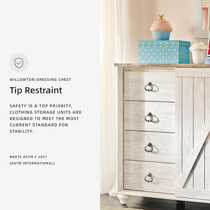 Signature Design by Ashley Willowton Shabby Chic Dressing Chest with Faux Plank Top, Whitewash