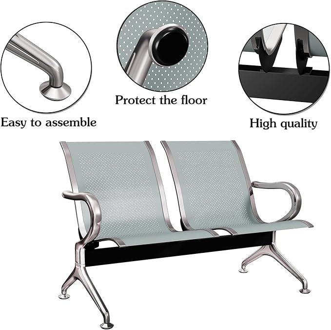 Kinsuite 2-Seat Reception Chairs - Waiting Room Chairs with Arms & Stainless Steel Frame, Waiting Room Bench Lobby Chairs for Office Airport Bank Hospital, Silver