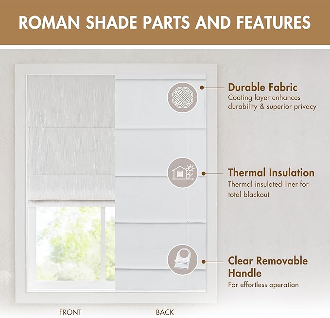 Madison Park Cordless Roman Shades, Total Blackout Window Blind Privacy Window Shades, Thermal Insulated Cordless Window Treatment for Bedroom, Living Room, Quincy, Single Panel 33" W X 64" H White