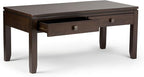 SIMPLIHOME Cosmopolitan Coffee Table - 42 inch Wide Solid Wood Contemporary Rectangle Cocktail Table in Mahogany Brown, Stylish Living Room Table with 2 Drawers and Square Brushed Nickel Knobs