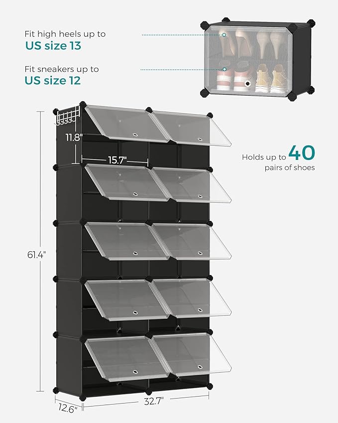 SONGMICS Shoe Rack Organizer, 10-Tier Shoe Storage Cabinet for Closet and Entryway, Holds 40 Pairs of Shoes, Adjustable, Ink Black and Trasparent ULPC035B01