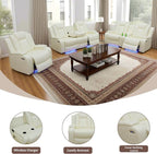 Power Recliner Sofa Set with LED, Creamy White Leather Reclining Living Room Couch, Muti-Functional Recliner Leather Sofa Set with Storage Console/Cup Holders/USB Ports
