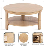 Kate and Laurel Foxford Tiered Round Coffee Table; 34 x 34 x 17; Light Natural; Transitional Two-Tier Circle Living Room Table with Storage and Resilient Wood Construction