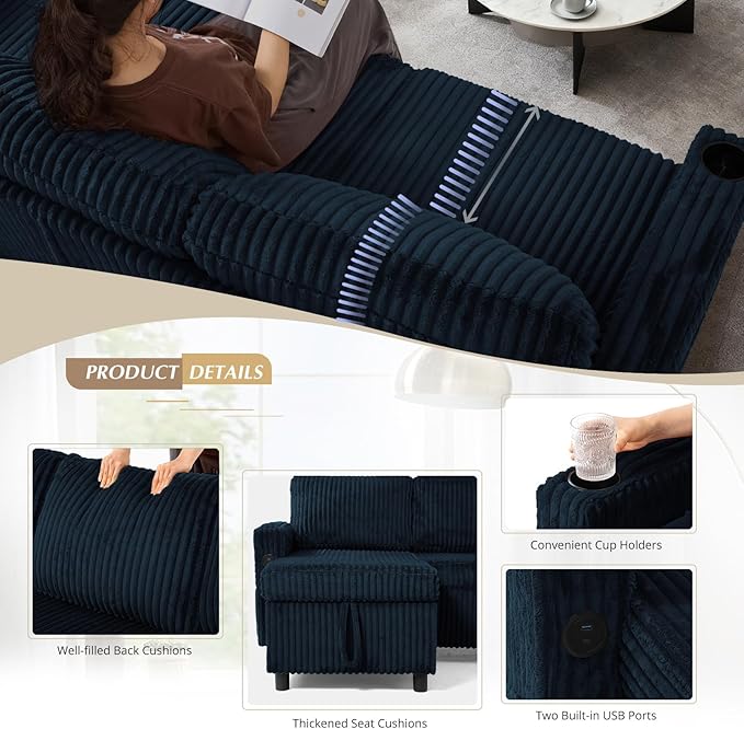 84" Corduroy Pull Out Sofa Bed w/Adjustable Backrests, Sectional L-Shape Sleeper Sofa w/Storage Chaise, Convertible Couch Bed w/USB Charging Port & Cup Holders for Living Room, House, Blue