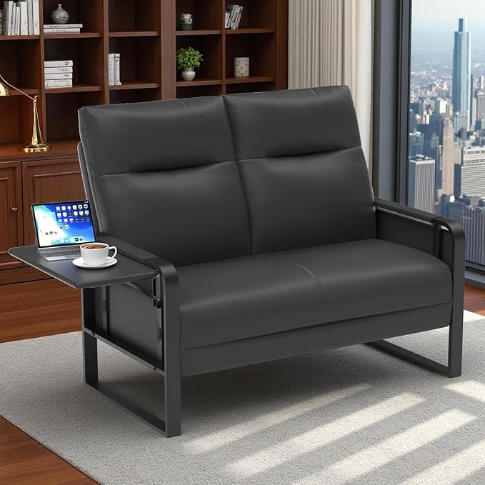 Modern Leather Loveseat, Small Sofa with Side Tray & Pocket, Upholstered Mini Couch for Living Room, Office, Guest Room, Black