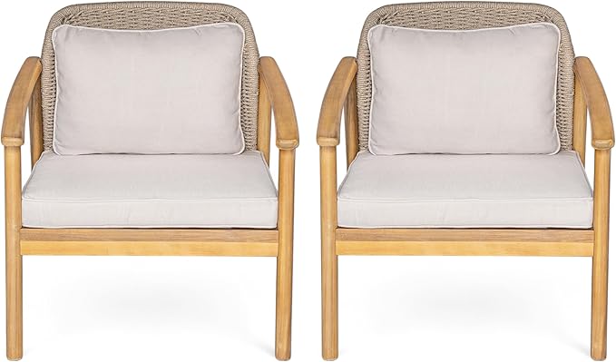 Christopher Knight Home Octavia Outdoor Club Chairs Set of 2, Acacia Wood Accent Chair with Cushion, Woven Rope Backrest Armchair, Solid Wood Frame Chair, Patio Chair for Porch Backyard, Beige+Teak