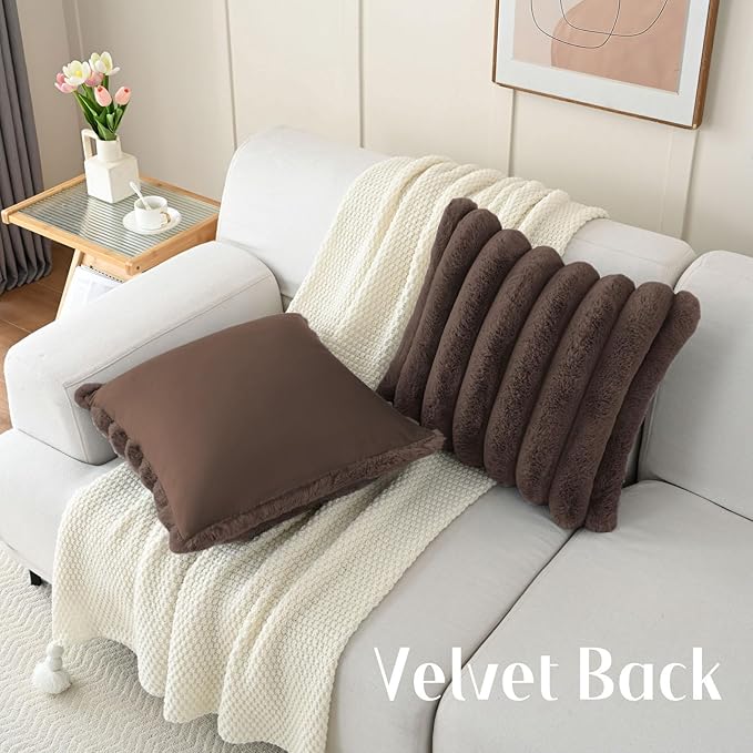 FUTEI Dark Coffee Decorative Throw Pillow Covers 18x18 Inch Set of 2, Square Soft Faux Rabbit Fur Big Striped Cushion Cover,Home Decor for Couch Sofa Bed Living Room